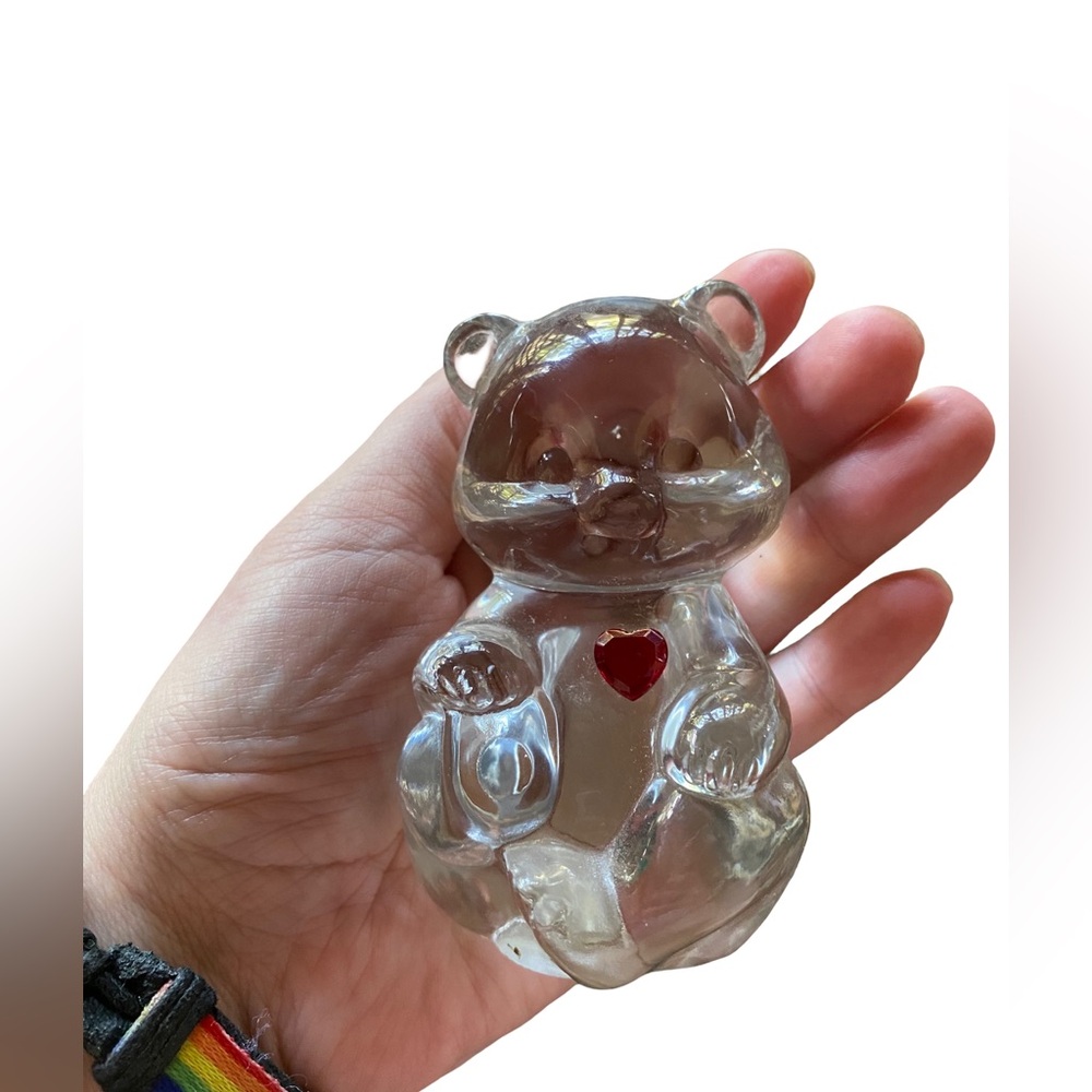 Vintage Fenton Bear Figurine‎ Clear Glass Ruby Heart July Birthday Bear